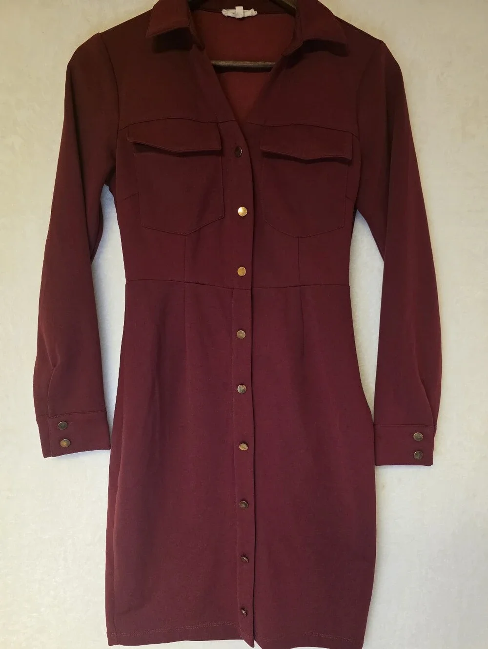 Main Strip Burgundy Button-Front Detail Long Sleeve Shirt Dress Pull Over Size S